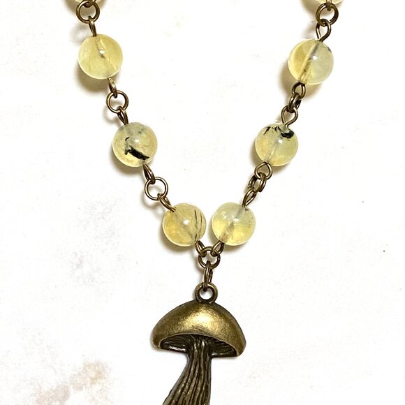 Natural Yellow Green Prehnite Necklace, Bronze Slim Mushroom + Genuine Gemstone - Picture 4 of 16